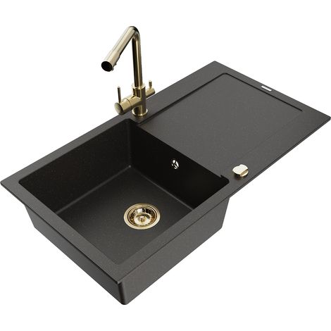 Mexen Leo lavello in granito a 1 vasca con sgocciolatoio e rubinetto da cucina Duero, nero/oro metallizzato - 6501-75-671600-50 (1/5)