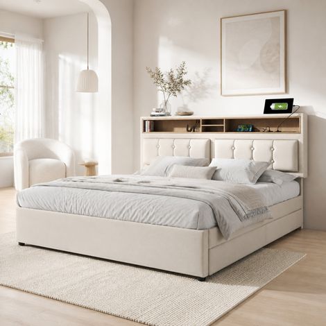 DESMIU Lit Double 2 Places avec 4 Tiroirs, USB, USB-C et Tête de Lit Réglable 140 × 200 cm, Sans Matelas (1/5)