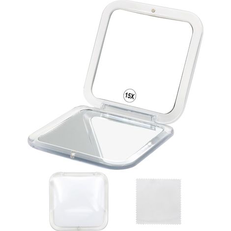 15X Grossissant Miroir de Poche Pliable, Petit Miroir de Poche, Miroir Grossissant de Voyage, Double Face 15X et 1X, Carré 8 cm (Blanc) (1/5)