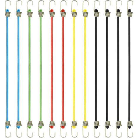 12 mini cordones elásticos resistentes al desgarro, de 25,4 cm, con ganchos, multicolores, para bicicletas/equipaje/lonas/autocaravanas. (1/5)