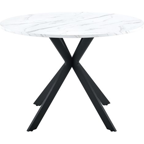 Mesa de comedor redonda efecto mármol blanco MDF con pata X negra 110 cm (1/5)