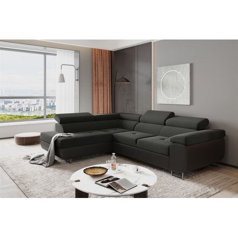 Ecksofa Sofa JADE Stoff Soft / Sawana Schwarz mit Schlaffunktion Ottomane Links (1/2)