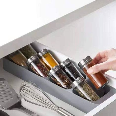 Gris, organiseur de tiroir à couverts, organiseur de bouteilles d'épices, range couverts de cuisine, tiroir inclinable, bocaux, support en plastique de cuisine, sel, épices (1/5)