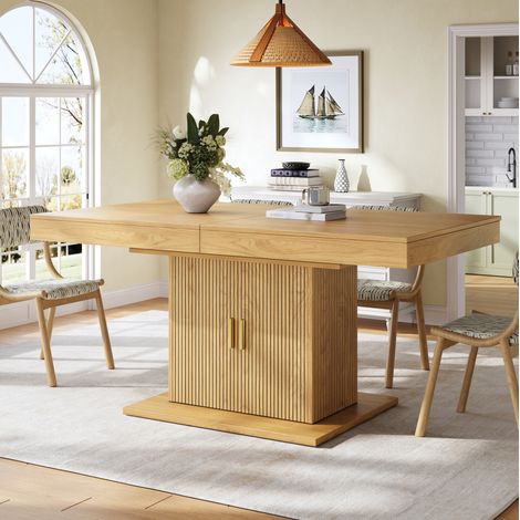 Table à manger extensible 140-180x90 cm avec colonne de rangement, portes rainurées, poignée en métal, MDF naturel (1/5)
