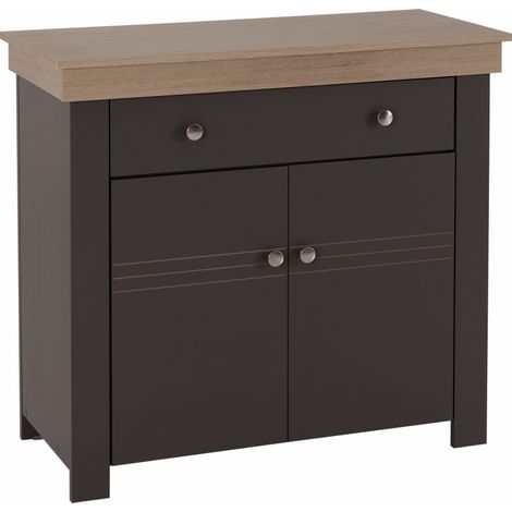 Buffet Bas 2 Portes 1 Tiroir Chêne et Gris Corniche L 88 H 81.5 P 39.7 cm (1/5)