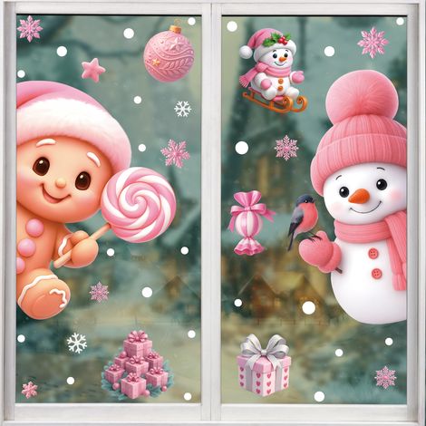 Autocollants décoratifs roses pour fenêtres, sapin de Noël, bonhomme de neige, autocollants pour fenêtres, cerf de Noël, flocons de neige, autocollants statiques