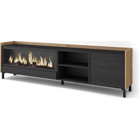 Skraut Home - Mueble TV, Televisión, Muebles de salón, almacenaje, 212x35x61cm, Para TV hasta 80", Chimenea eléctrica XXL, Diseño industrial, Estilo Moderno, Negro y roble (1/5)