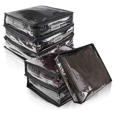 Sacs de rangement transparents et noirs pour vêtements, 40 x 35 x 10 cm, lot de 6 pochettes de rangement pliables à fermeture éclair