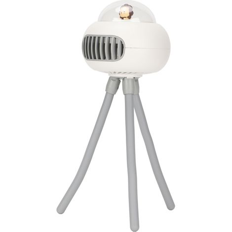 Ventilateur portable pour poussette, rechargeable par USB, 4 vitesses, silencieux, design trépied, rotation horizontale à 360°, blanc.