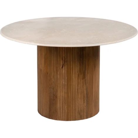 Table à manger ronde 120 cm marbre crème et pied bois nervuré VERIDANE (1/5)