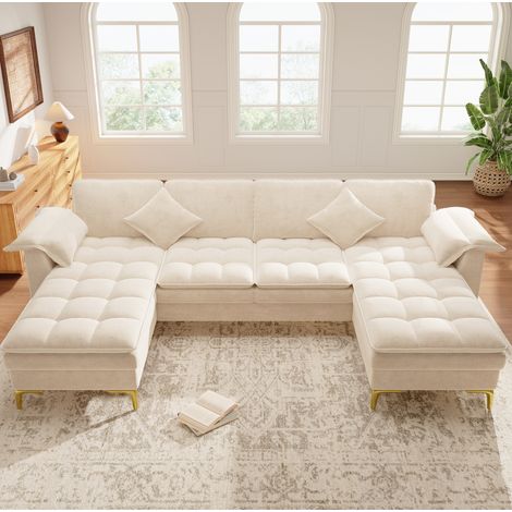 Divano angolare a U 262x134x86 cm in ciniglia beige, 4 posti, salvaspazio – MEUBLIV