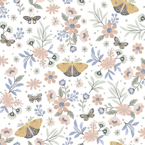 Papier peint floral papillons fond blanc (1/2)