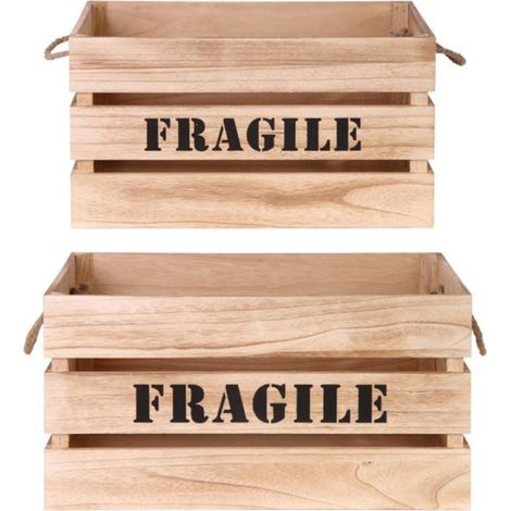 Lot de 2 Cagettes Déco "Fragile" 54cm Naturel (1/3)