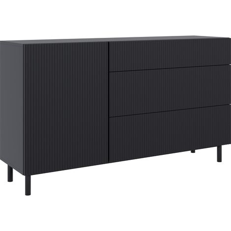 Selsey Veldio New – Credenza a 1 anta con frontale a doghe e 3 cassetti, Nero, 140 cm