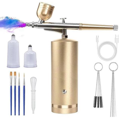 Kit aérographe avec compresseur - 48 PSI, rechargeable, sans fil, anti-colmatage, haute pression, or (1/4)