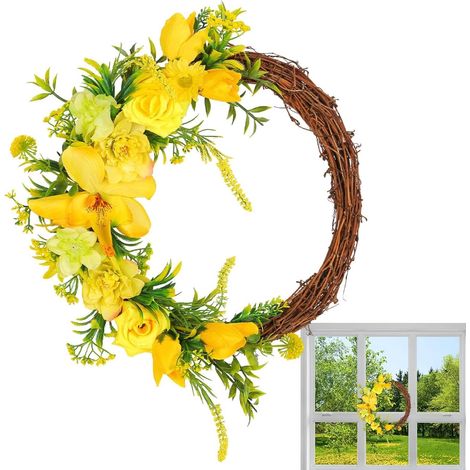 Artificial yellow flower wreath – 13.7 inches (35 cm), farmhouse style, wedding/wall decor