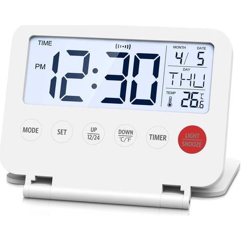 Réveil numérique pliable, écran LCD rétroéclairé, thermomètre, snooze, date et heure, horloge bureau pour chambre, cuisine, voyage (1/5)