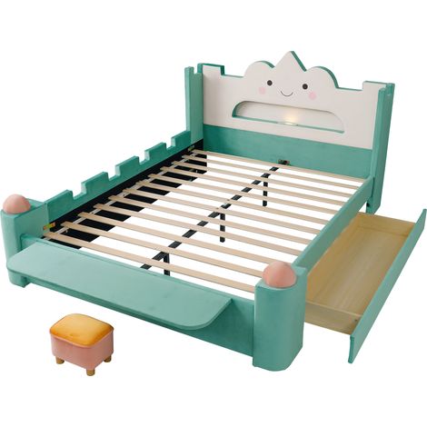 Cama infantil nube tapizada con lámpara LED y USB, terciopelo azul verdoso, 140 x 200 cm (1/5)