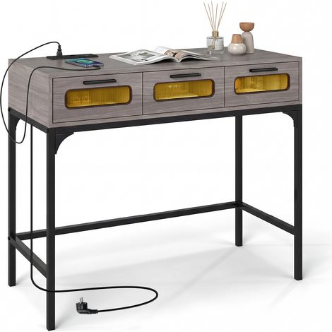 Console Meuble Éclairage LED, Console Entree avec Prise, 3 Tiroirs Transparentes, Cadre en métal, Design Moderne, pour Salon, Couloir, Noir Gris (1/5)