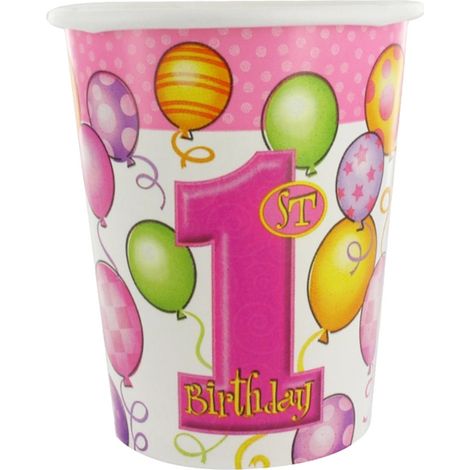 Bicchieri per il primo compleanno, 270 ml, rosa, confezione da 8 pezzi.