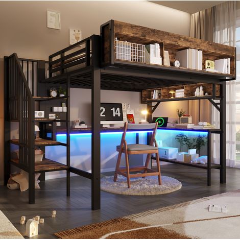 Cama alta con escritorio LED y almacenaje integrado OKMYHOME (1/5)