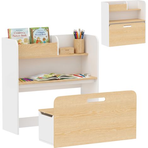 Bureau et chaise pour enfant - AIYAPLAY - 5 en 1 - bibliothèque et banc coffre à roulettes - bois - 80x40x80cm - blanc (1/5)