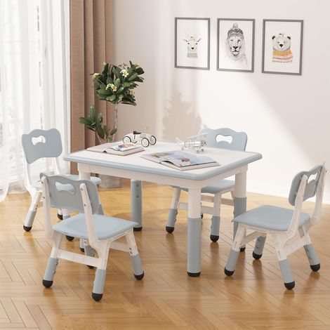 Ensemble table et 4 chaises enfant réglables en hauteur - Plateau type tableau blanc facile à nettoyer - Assises ergonomiques antidérapantes - Gris clair, plateau tableau blanc, norme UE (1/5)