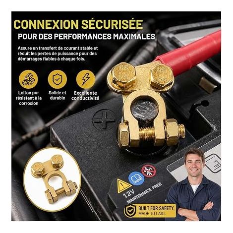 Cosse Batterie 12V/24V Laiton, Bornes de Batterie de Voiture, Connecteurs de Batterie pour Auto, Moto, Camion, Bateau, Caravane, Cosses de Batterie Positif et Négatif avec Vis et Boulon (1/4)