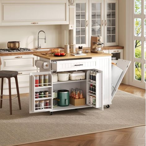 Isola cucina mobile con piano ribaltabile, mobile contenitore su ruote, MDF bianco, REDOM (1/5)
