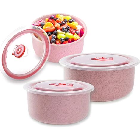 Récipient de soupe, bol de récipients alimentaires, Ensemble de 3 bols frais écologiques en paille de blé et en plastique, bol frais dune capaCôté de avec couvercle(rose) (1/3)