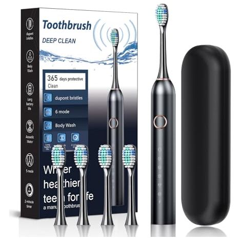 Brosse à Dent Électrique Soniques,Avec 4 Têtes de Brossage,6 Modes, Minuterie Intégrée de 2 Minutes,Rappel de 30 Secondes,Étui de Voyage Inclus,IPX7,Homme/Femme (Black) (1/5)
