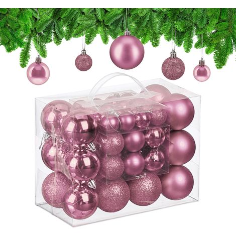 Relaxdays Palline di Natale, Set 50 Palle Albero, Addobbi Natalizi, Sfere in Plastica Opache, Lucide e Glitter, Rosa