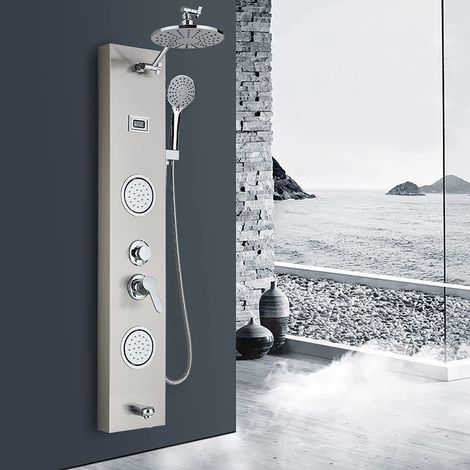 Suguword – Colonne de douche hydromassante – Pomme de douche 8" réglable – 2 jets de massage – Douchette à main 3 modes – Affichage de la température (1/5)