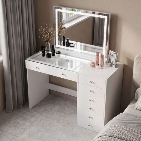 FENCHILIN Coiffeuse avec Miroir LED Bluetooth 8 Tiroirs Blanc 120 x 55 x 139 cm
