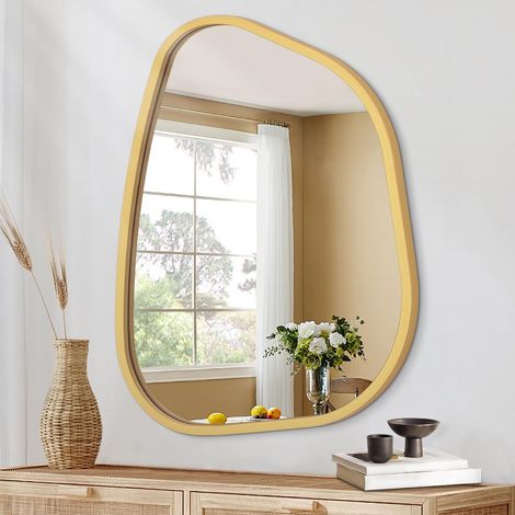 Grand Miroir Mural asymétrique Cadre en Bois irrégulier Moderne Unique Mural Artistique ondulé Miroir décor Salle de Bains vanité Chambre Salon entrée Couloir 65 x 45 CM (1/5)