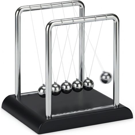 Relaxdays Newton Pendel, klassisches Kugelstoßpendel, 5 Kugeln, Physik Deko für Büro & Schreibtisch, Kugelpendel, silber (1/5)