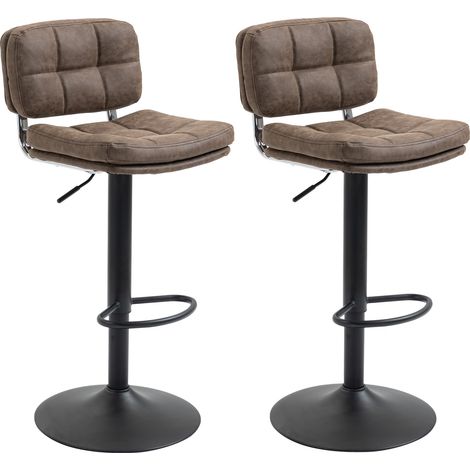 Set aus 2 verstellbaren, drehbaren Retro-Barhockern mit Fußstützen, braunes Kunstleder