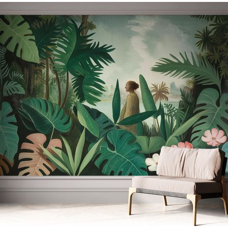 Papier peint autocollant adhésif décoratif avec motifs pour salon et chambre a motif Jungle exotique 312x219 cm (1/5)