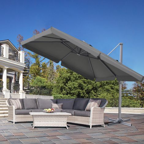 Alu Sonnenschirm Ampelschirm 300 cm x 300 cm, mit Kurbelbedienung, 360° drehbar und neigbar, inklusive Fußpedal, quadratisch Gartenschirm mit UV50+ Sonnenschutz für Garten und Terrasse, Grau