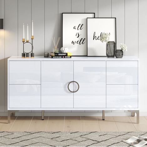 Aparador 150x38x59.5 cm blanco MDF alto brillo con 4 cajones sin tiradores y 2 puertas