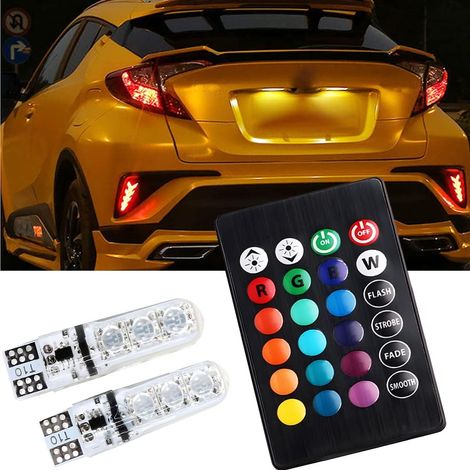 2 bombillas LED RGB T10 para coche con mando a distancia - W5W 194 168 2825 - 16 colores - Función intermitente - Tipo cuña 5050 - Interior - Luz de mapa - 2 unidades (1/5)