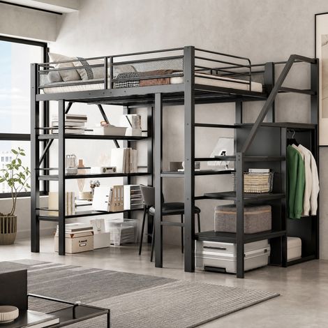 Hochbett 140x200 cm schwarz aus Metall mit Schreibtisch, Kleiderschrank, Ablageregal und Sicherheitsleiter (1/5)