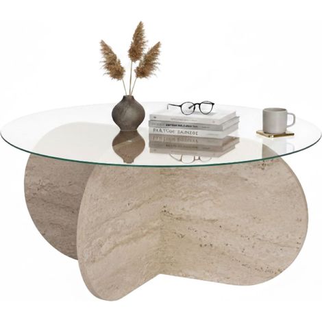 Cugnoli Couchtisch, rund, Glasplatte, transparente Ablage, 75x75x35h cm, Weiß Marmor