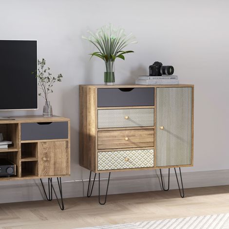HOMCOM Kommode im Boho-Stil mit 4 Schubladen, Holzkommode mit Metallbeinen für Wohn- und Schlafzimmer, 79 x 39 x 86 cm, Braun