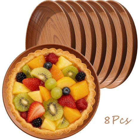Assiettes plates imitation bois (brun clair, lot de 8), vaisselle de cuisine (1/2)