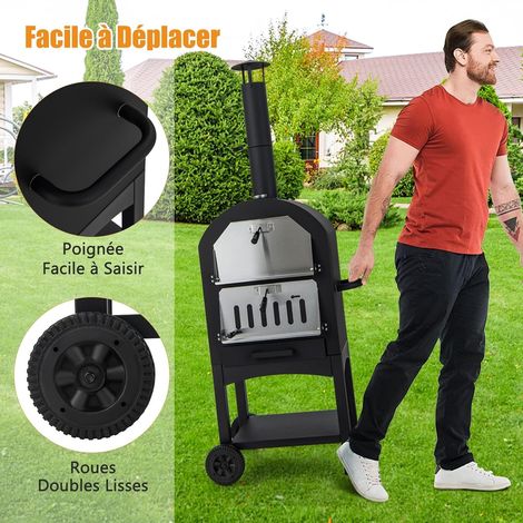 Four à pizza à bois autoportant pour extérieur, grill de jardin mobile avec 2 roulettes, pierre à pizza 30,5 cm, thermomètre double, four de cuisson pour pizza, burgers et rôtis (1/5)