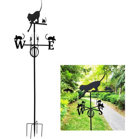 Girouette décorative en fer forgé, motif chat et souris, gravée au laser, pour jardin extérieur. (1/5)