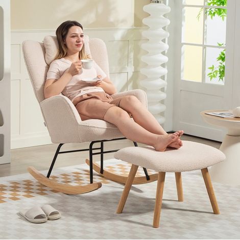 Poltrona a dondolo beige con poggiapiedi 70,5x101,5x99,5 cm schienale alto MEUBLIV (1/5)