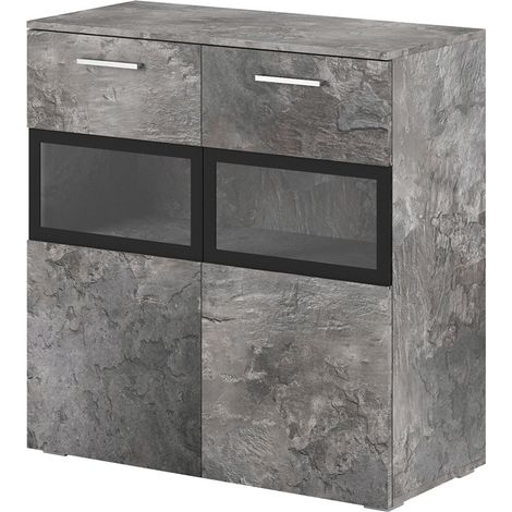 Buffet CONOR mit 2 Glastüren und LED - Schiefer-Effekt - 91 x 92 x 39 cm