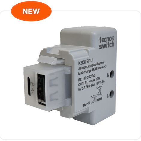 Alimentatore/Caricatore Usb Tipo A+C Pd 20W 5V ( Tecnoswitch Cod. Ks312Pu )